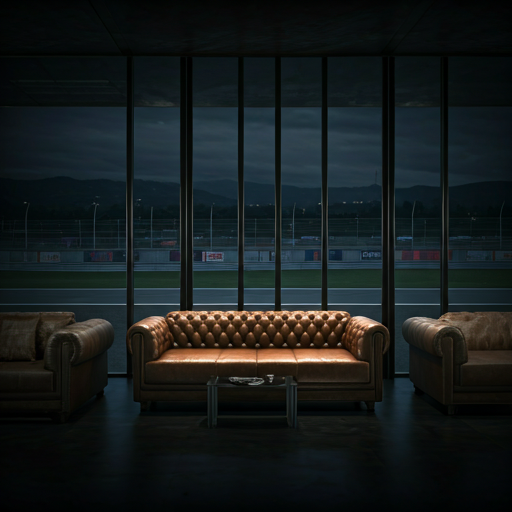 A luxury members' lounge with tufted leather seating overlooking a dark racing track.