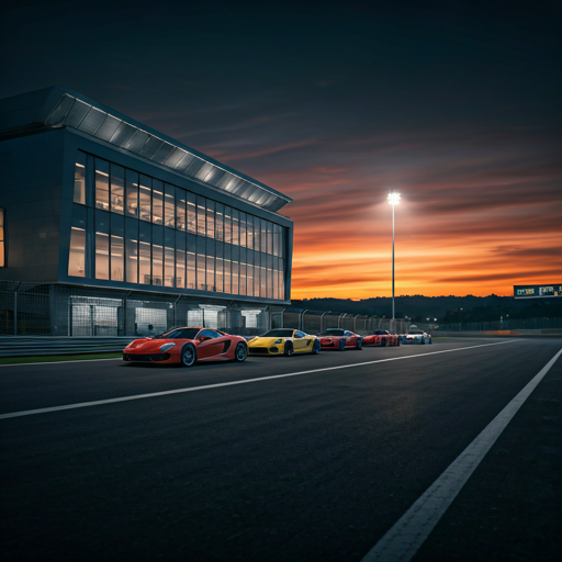 Sunset over the clubhouse and open-air paddock, sports cars lined along the start-finish straight.