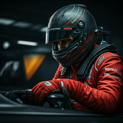 A professional racing coach in a carbon-fiber helmet leaning into a cockpit to advise a driver.