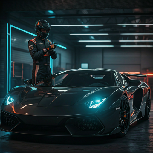 A friendly professional driving instructor coaching a new driver beside a car on the circuit.