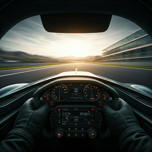 Driver’s-eye view from a racing cockpit accelerating down the main straight — concept render of the member track experience.