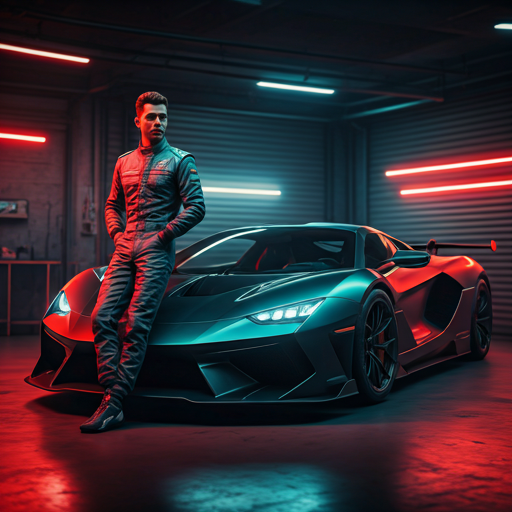 A driver in a racing suit beside a hypercar bathed in neon light, ready to take to the track.