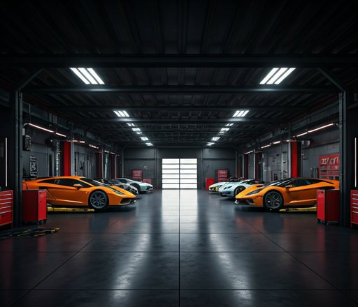A hyper-modern racing garage with polished dark floors, supercars on lifts, carbon-fiber accents and glowing red details.