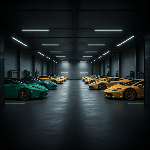 A showroom row of pristine luxury sports cars under soft linear lighting, available to buy or rent.