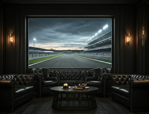 A luxury private members' club interior with deep leather armchairs and a view of a dimly lit race track at dusk.