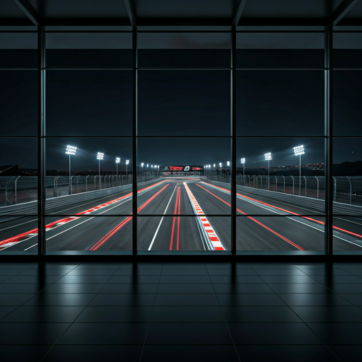 An expansive glass-walled clubhouse hall overlooking the floodlit circuit at night, open floor ready for events.