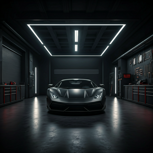 A pristine minimalist garage at night with a matte-black supercar under a spotlight, surrounded by precision tools.