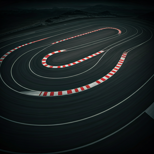 Aerial view of a technical racing circuit weaving through a dark twilight landscape with red and white curbs.